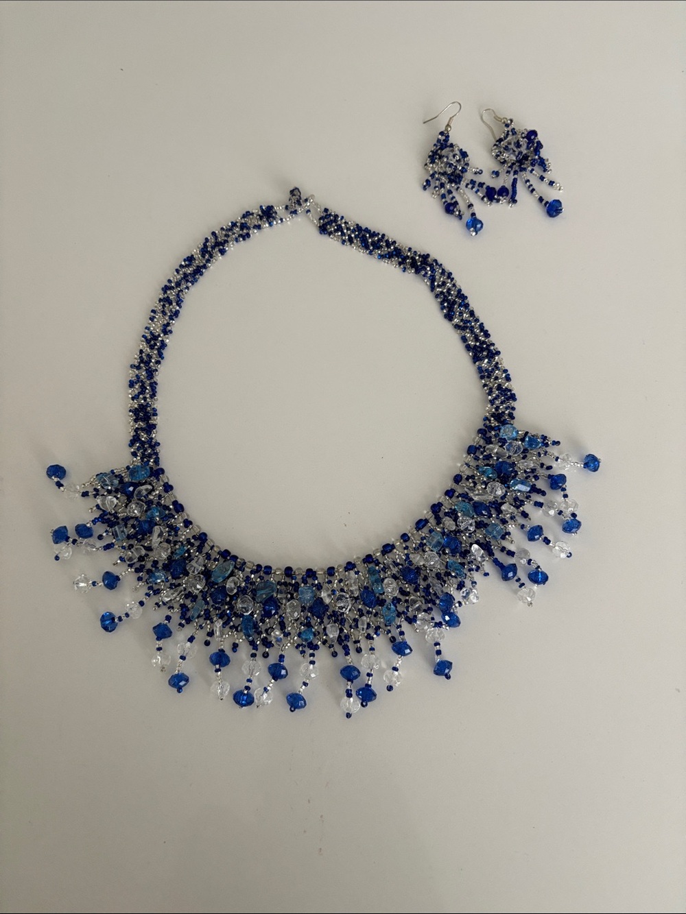 Elegant Blue Hand Beaded Fringe Necklace and Earring Set
